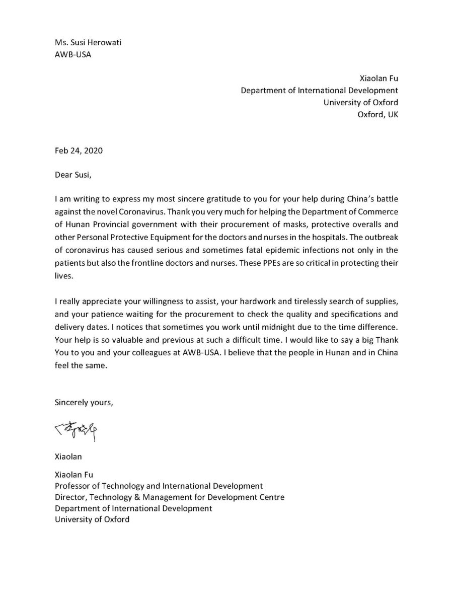 Letter of Appreciation from Prof. Fu of Oxford University